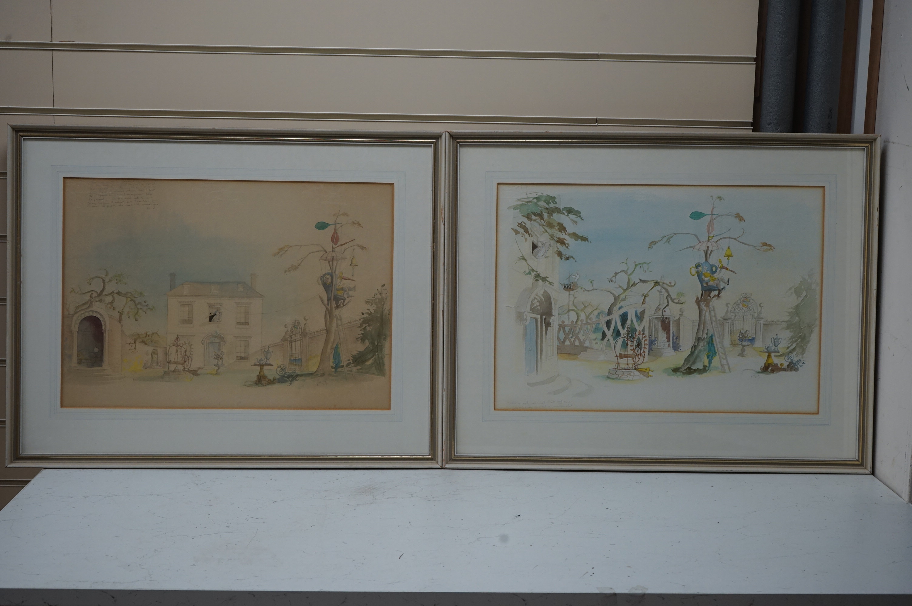 Rowland Emett (Cartoonist, 1906–1990), pair of pencil and watercolours, Surreal garden views, each signed and inscribed in pencil, 35 x 50cm. Condition - faded